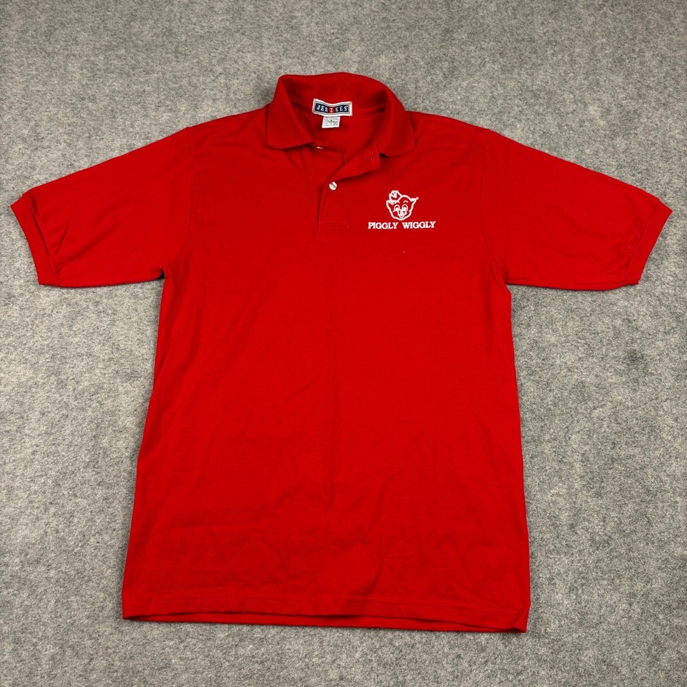 Vintage Jerzees Polo Shirt Mens S Red Piggly‎ Wiggly Graphic Short Sleeve Casual